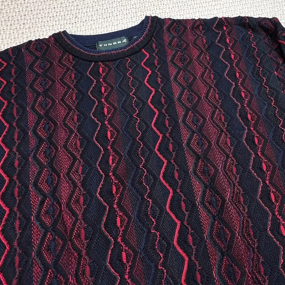 Vintage 90s Tundra Zig Zag Pattern Red Black‎ Grandpa Sweater - Size Large
